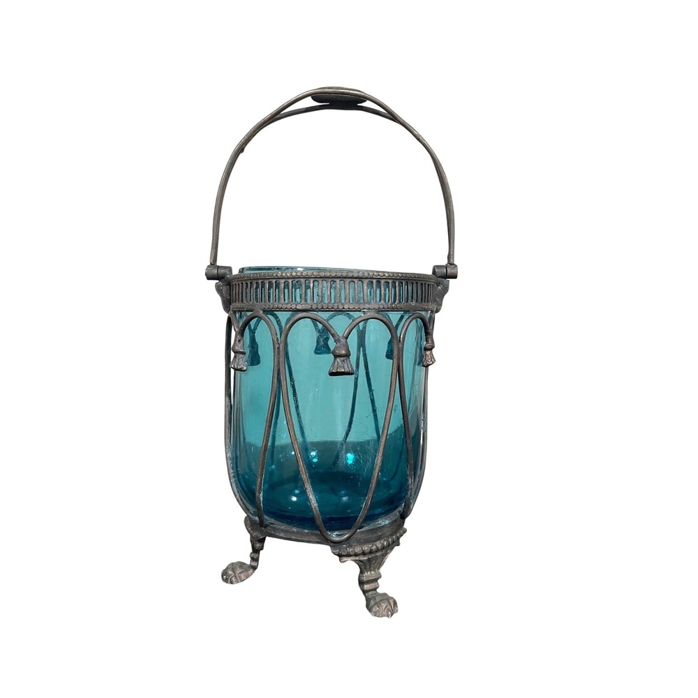 Vintage Victorian Style Turquoise Blue Glass Footed Votive Holder Metal Overlay